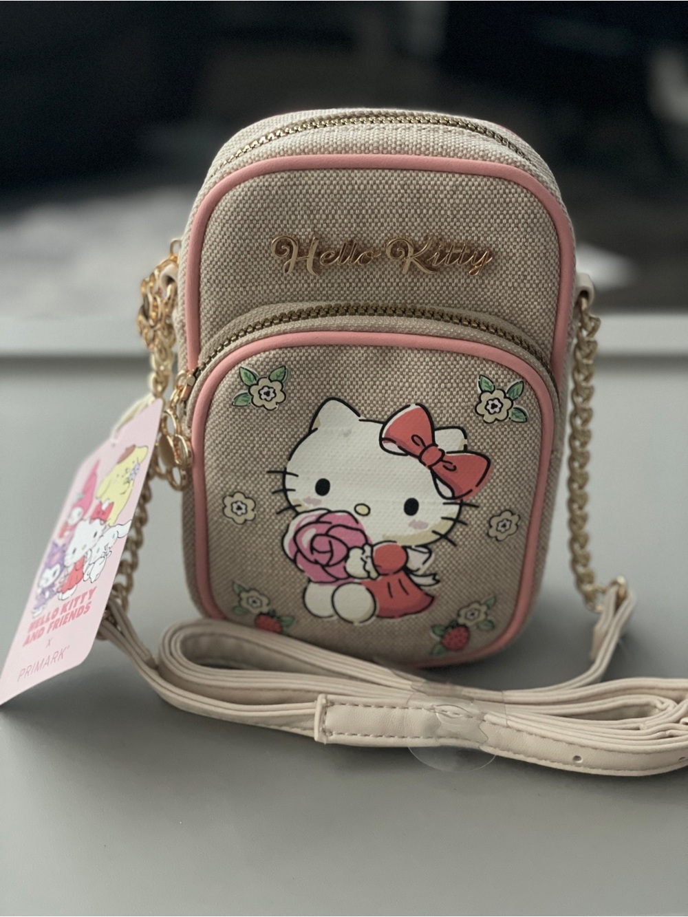Primark Beige and Pink Hello Kitty Crossbody Bag with Gold Accents